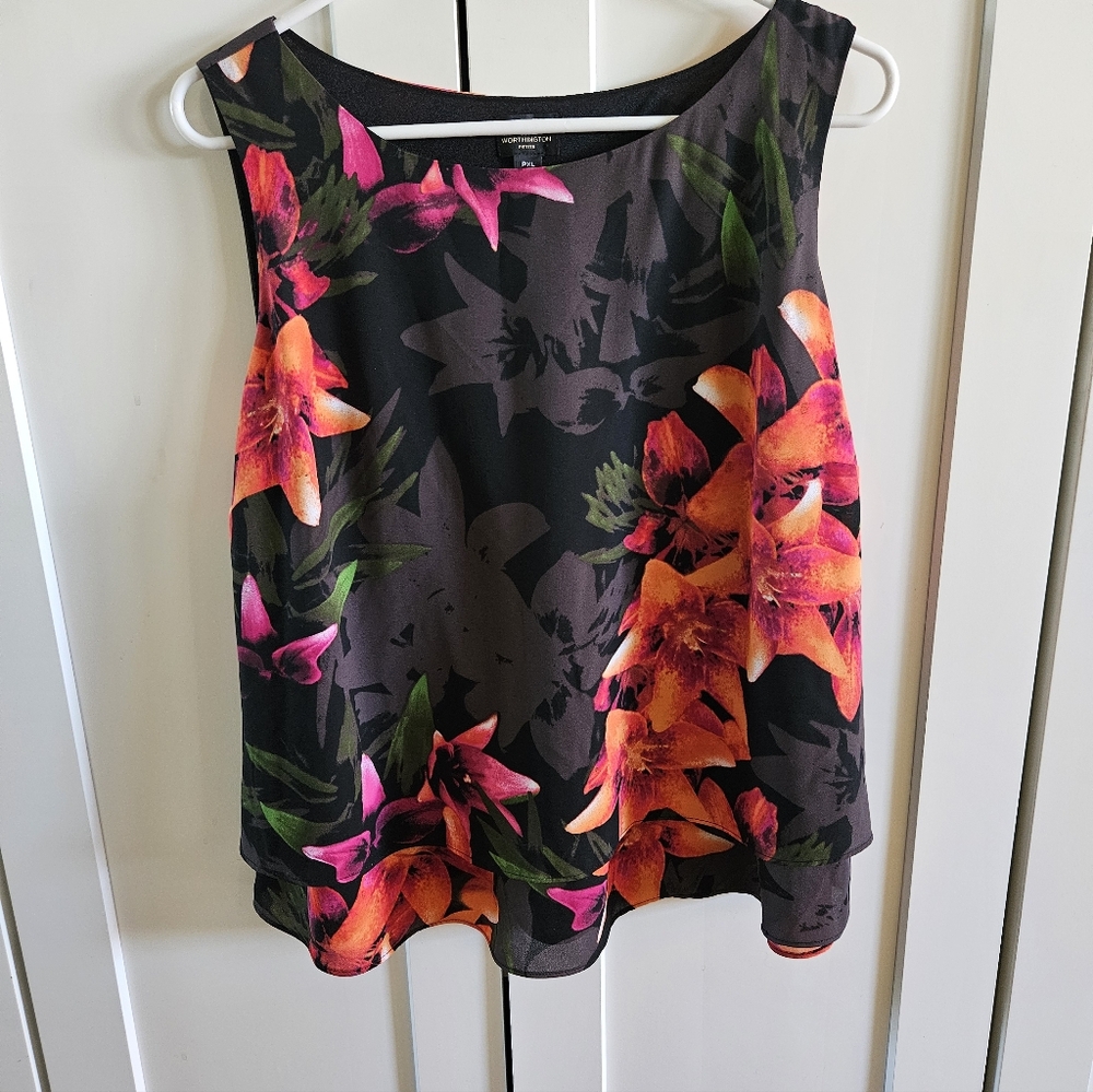 Worthington Black and Orange Floral Tank Top